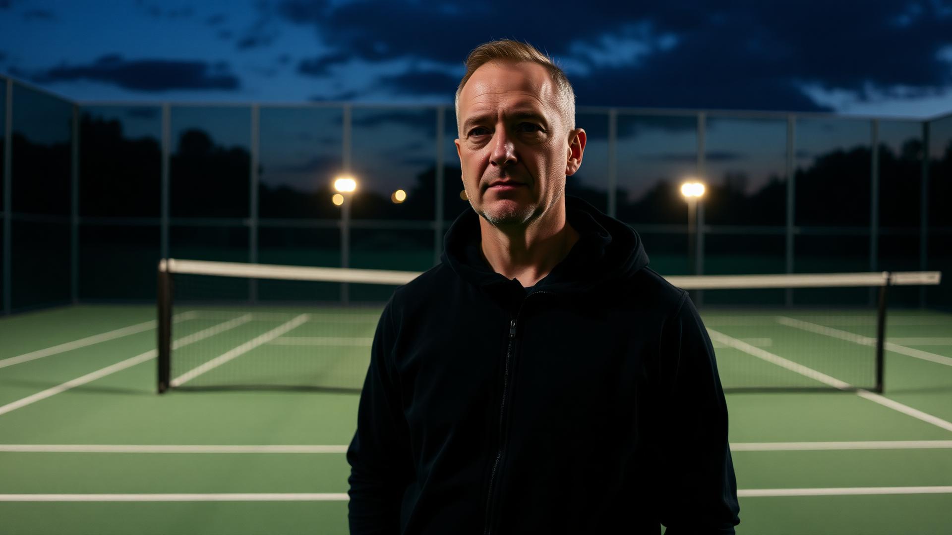 A coach feeding balls at the net on a floodlit padel court