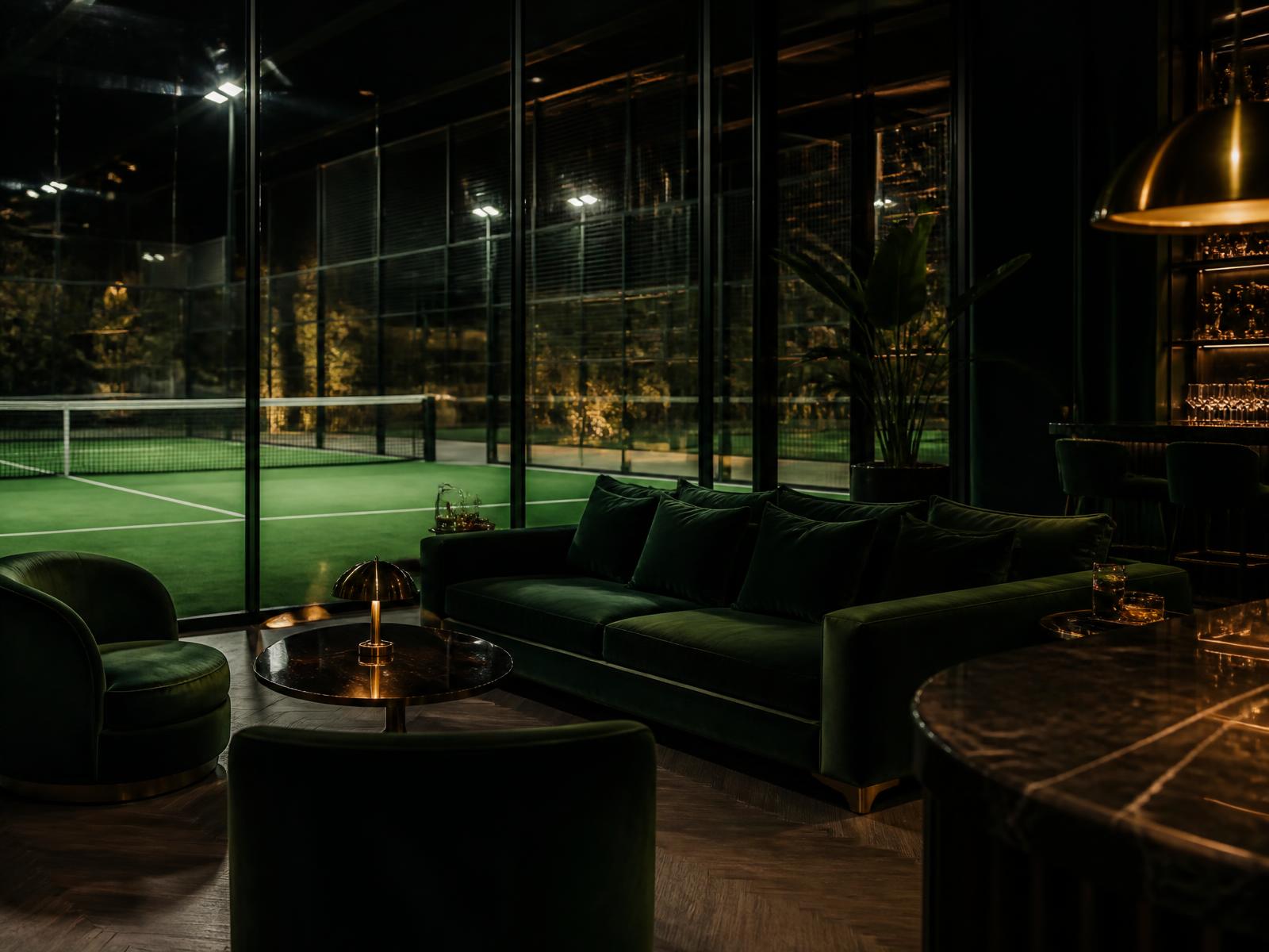 The members' lounge at night, looking out onto lit courts