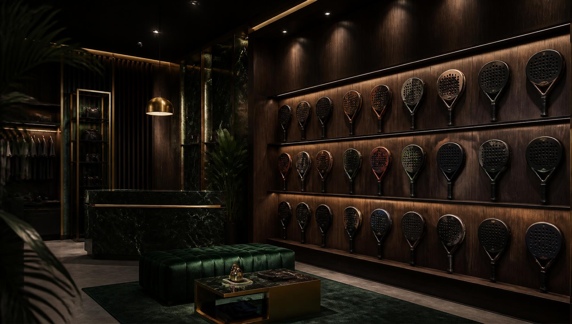 The Verdant pro shop, rackets lit along a dark walnut wall
